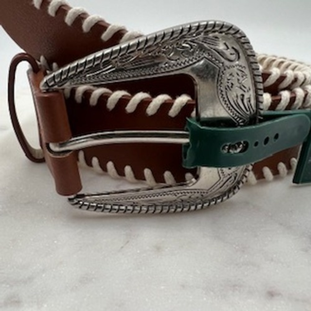 Wild Fable Womens Brown Whipstitch Western Belt Silver Engraved Buckle Small NEW - Picture 2 of 8